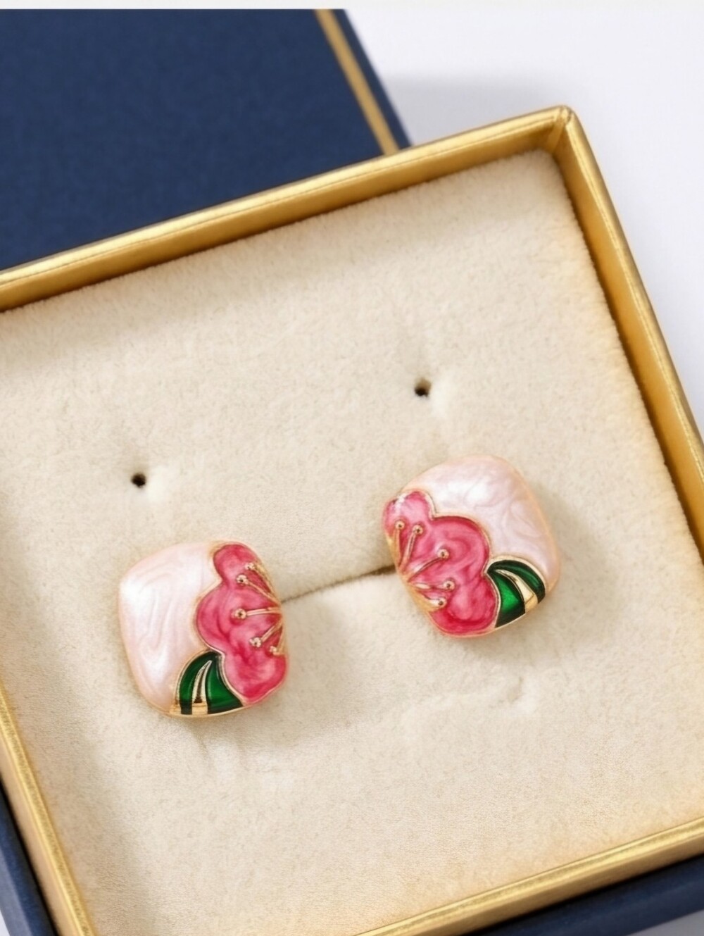 Stunning Floral Pink and Green Enamel Earrings